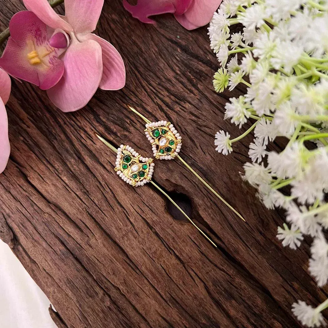 Classic Gold Plated Peacock Motif Pearl Bugadis - White Green